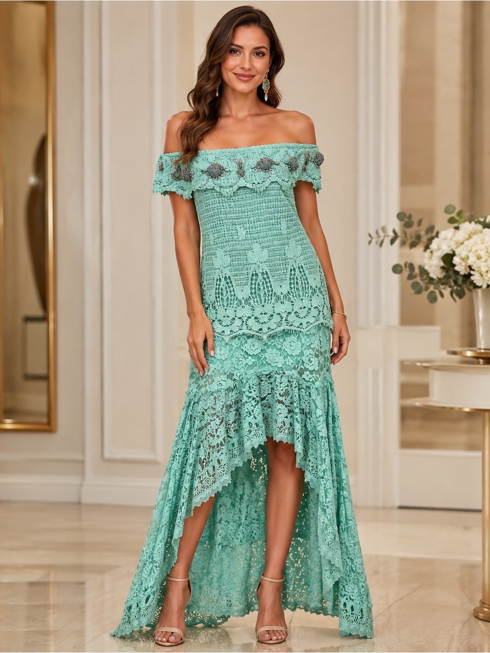 Boston Proper Off-Shoulder Mint green Lace High-Low Dress